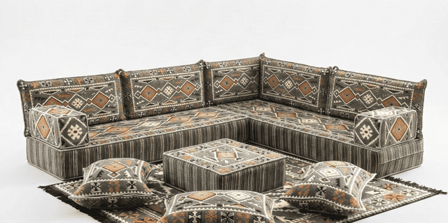 Arabic Floor Sofa Set – Dark Gray L Shaped Majlis Sectional with 8 Inch Cushions