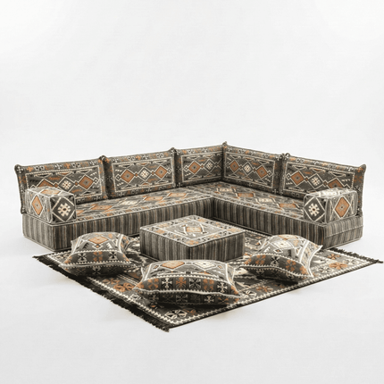 Arabic Floor Sofa Set – Dark Gray L Shaped Majlis Sectional with 8 Inch Cushions