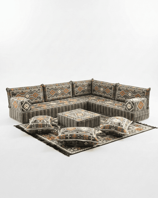 Arabic Floor Sofa Set – Dark Gray L Shaped Majlis Sectional with 8 Inch Cushions