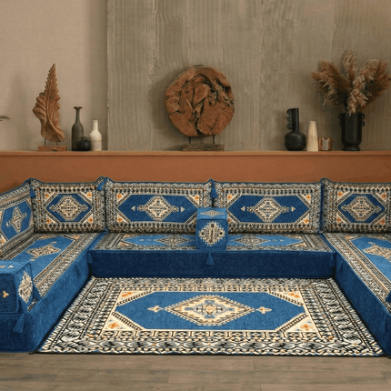 Arabic Floor Sofa Set – Blue U Shaped Majlis Sectional with 8 Inch Cushions