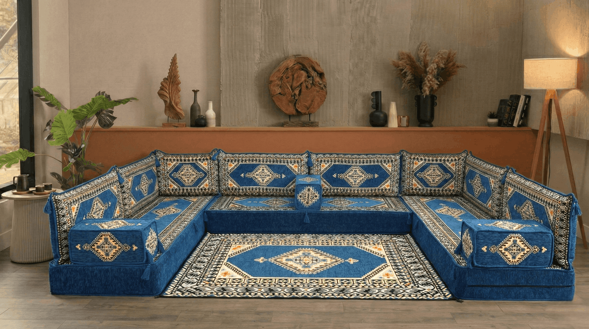 Arabic Floor Sofa Set – Blue U Shaped Majlis Sectional with 8 Inch Cushions
