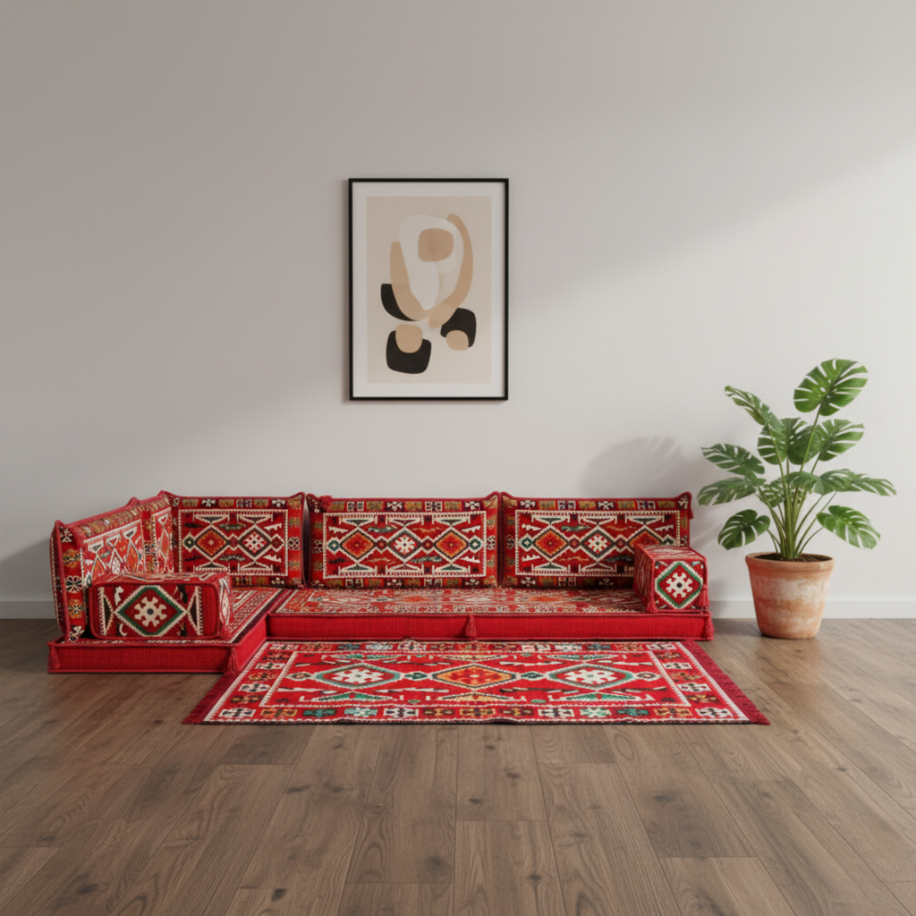 Arabic Floor Sofa Set – Maroon L Shaped Majlis Sectional with 4 Inch Cushions