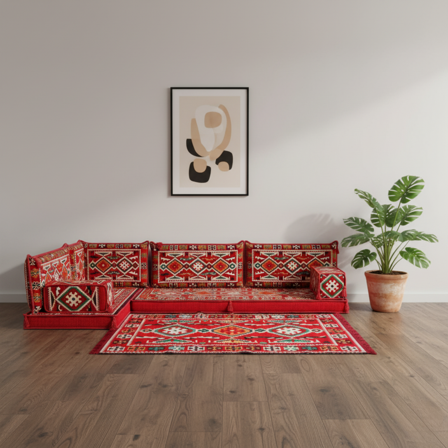 Arabic Floor Sofa Set – Maroon L Shaped Majlis Sectional with 4 Inch Cushions