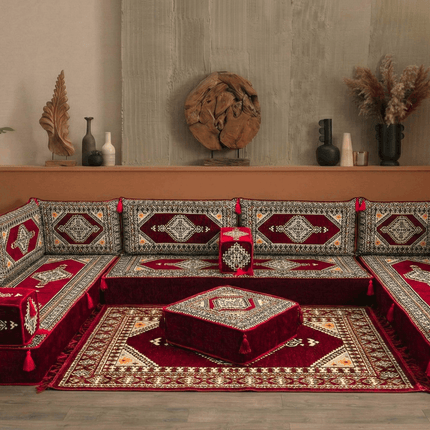 Arabic Floor Sofa Set – Maroon U Shaped Majlis Sectional with 8 Inch Cushions
