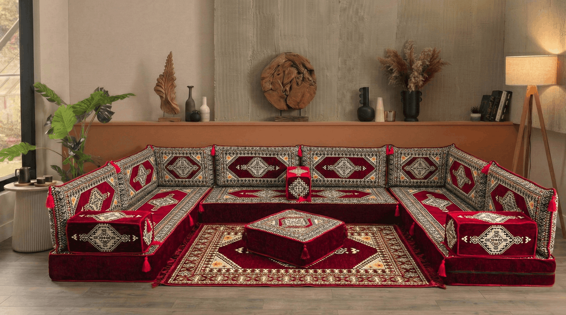 Arabic Floor Sofa Set – Maroon U Shaped Majlis Sectional with 8 Inch Cushions