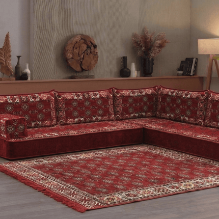 Arabic Floor Sofa Set – Maroon L Shaped Majlis Sectional with 8 Inch Cushions