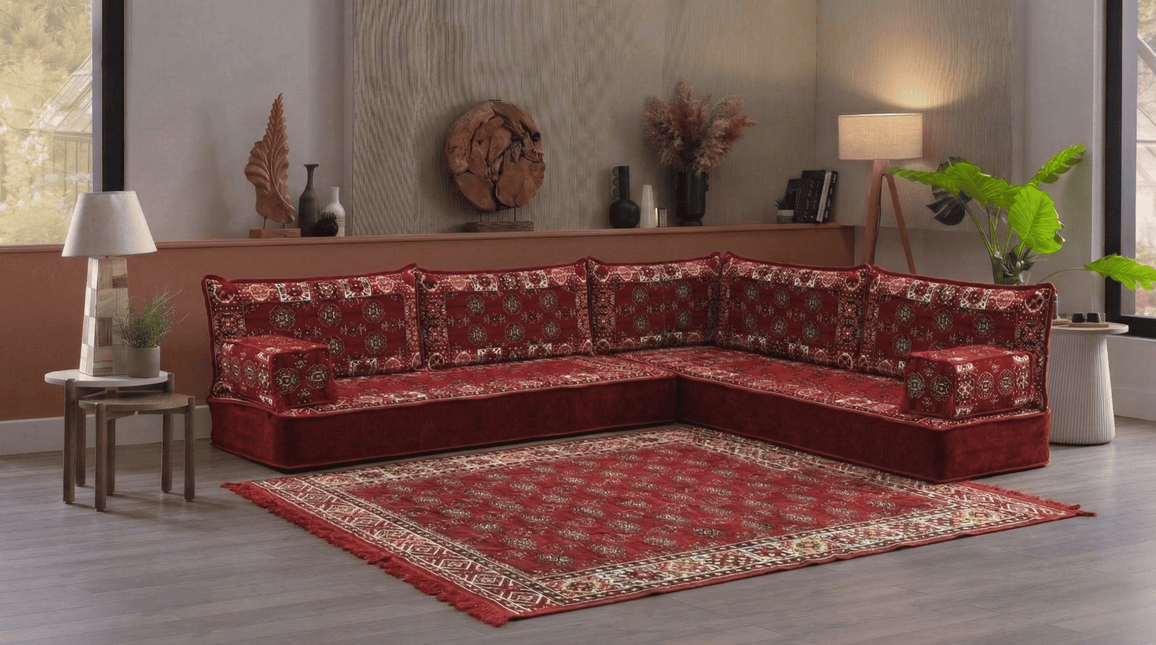 Arabic Floor Sofa Set – Maroon L Shaped Majlis Sectional with 8 Inch Cushions