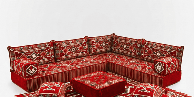 Arabic Floor Sofa Set – Red L Shaped Majlis Sectional with 8 Inch Cushions