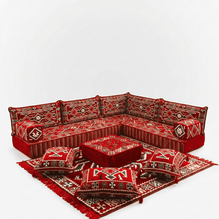 Arabic Floor Sofa Set – Red L Shaped Majlis Sectional with 8 Inch Cushions