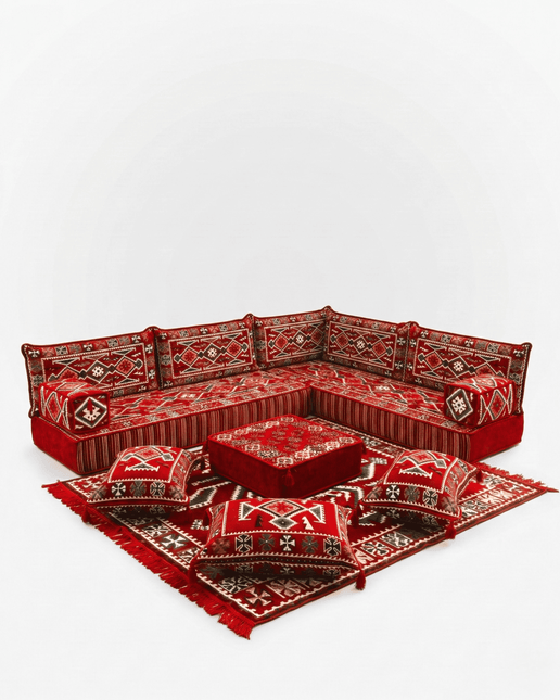 Arabic Floor Sofa Set – Red L Shaped Majlis Sectional with 8 Inch Cushions