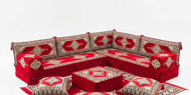 Arabic Floor Sofa Set – Red L Shaped Majlis Sectional with 8 Inch Cushions