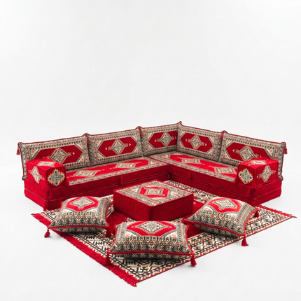 Arabic Floor Sofa Set – Red L Shaped Majlis Sectional with 8 Inch Cushions