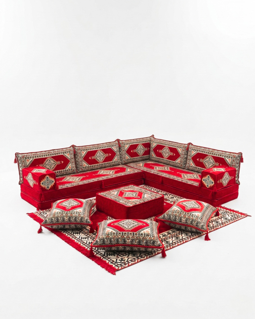 Arabic Floor Sofa Set – Red L Shaped Majlis Sectional with 8 Inch Cushions