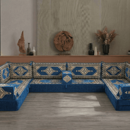 Arabic Floor Sofa Set – Blue U Shaped Majlis Sectional with 8 Inch Cushions