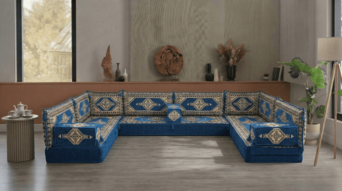 Arabic Floor Sofa Set – Blue U Shaped Majlis Sectional with 8 Inch Cushions