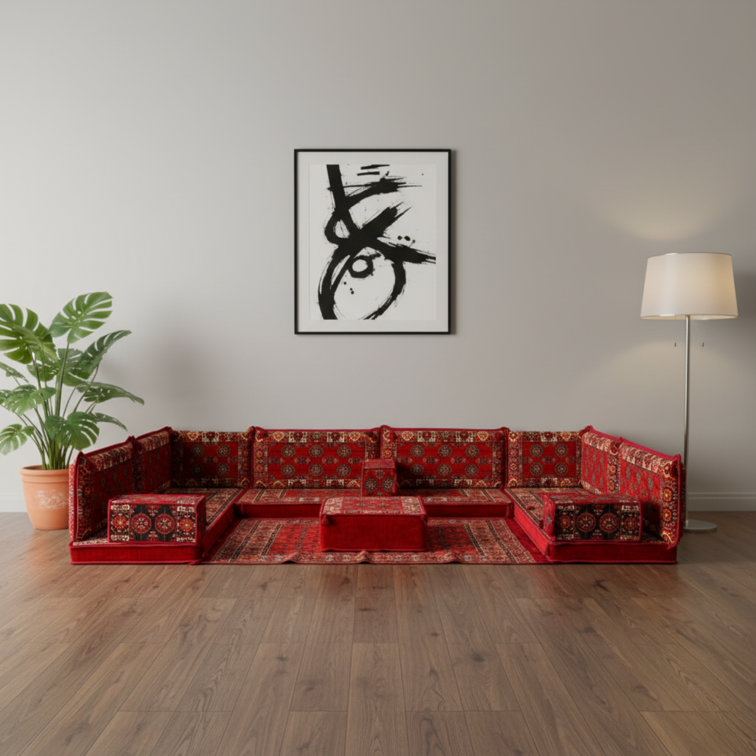 Arabic Floor Sofa Set – Red U Shaped Majlis Sectional with 4 Inch Cushions
