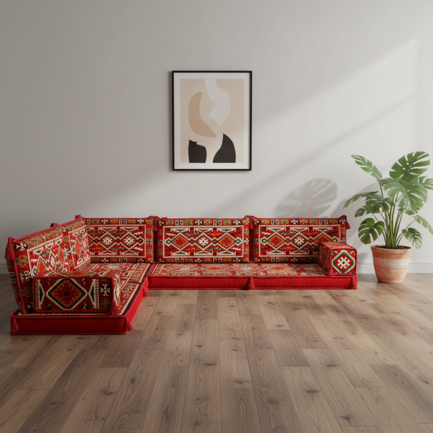 Arabic Floor Sofa Set – Maroon L Shaped Majlis Sectional with 4 Inch Cushions