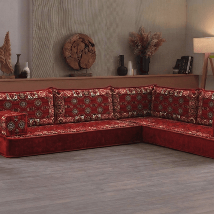 Arabic Floor Sofa Set – Maroon L Shaped Majlis Sectional with 8 Inch Cushions
