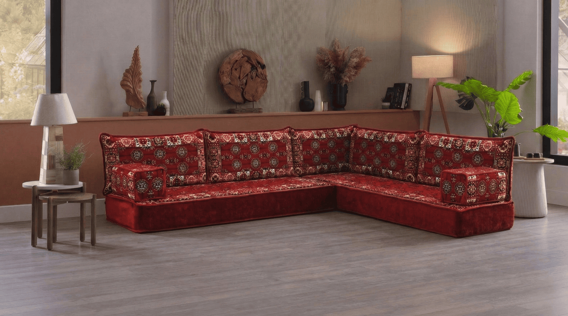 Arabic Floor Sofa Set – Maroon L Shaped Majlis Sectional with 8 Inch Cushions