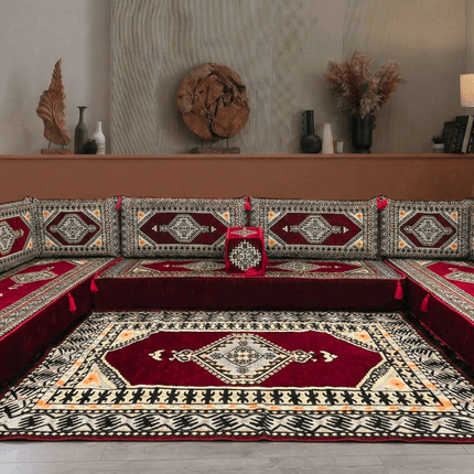 Arabic Floor Sofa Set – Maroon U Shaped Majlis Sectional with 8 Inch Cushions