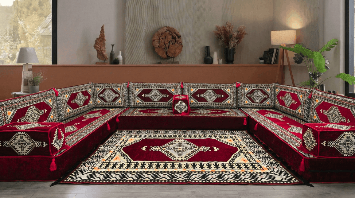 Arabic Floor Sofa Set – Maroon U Shaped Majlis Sectional with 8 Inch Cushions