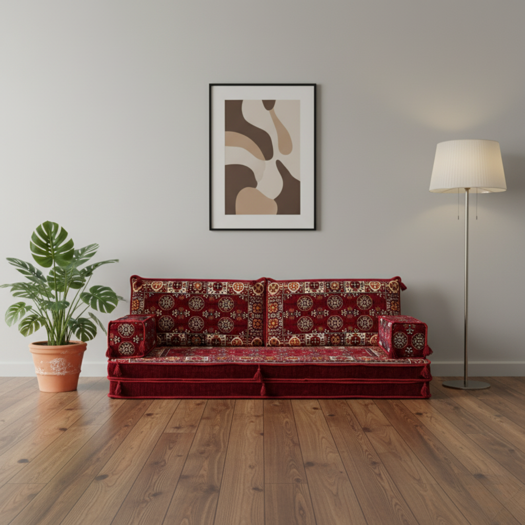 Arabic Loveseat Sofa Set – Maroon Loveseat Set with 4 and 8 Inch Cushion Options