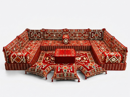 Cappadocia Kilim U-shaped Arabic majlis floor sofa in Red, 8-inch cushions - photo 1