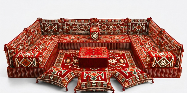 Arabic Floor Sofa Set – Red U Shaped Majlis Sectional with 8 Inch Cushions