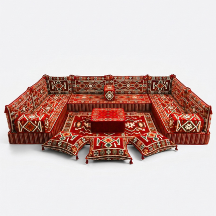 Arabic Floor Sofa Set – Red U Shaped Majlis Sectional with 8 Inch Cushions