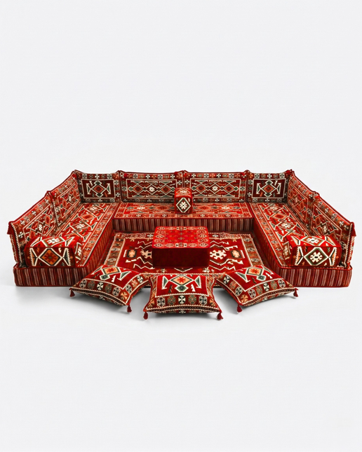Arabic Floor Sofa Set – Red U Shaped Majlis Sectional with 8 Inch Cushions