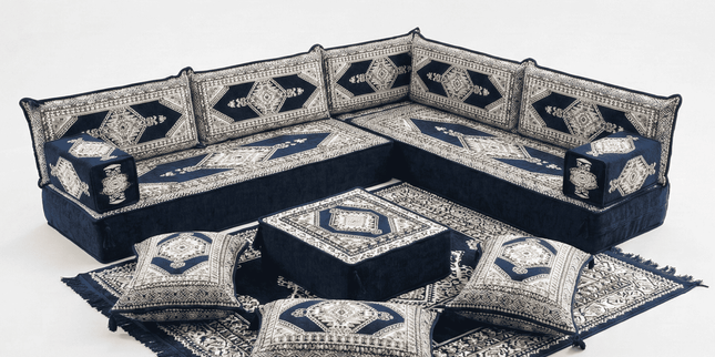 Arabic Floor Sofa Set – Navy L Shaped Majlis Sectional with 8 Inch Cushions
