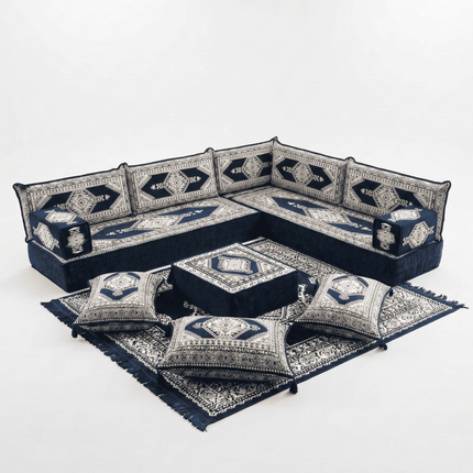 Arabic Floor Sofa Set – Navy L Shaped Majlis Sectional with 8 Inch Cushions