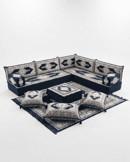 Arabic Floor Sofa Set – Navy L Shaped Majlis Sectional with 8 Inch Cushions