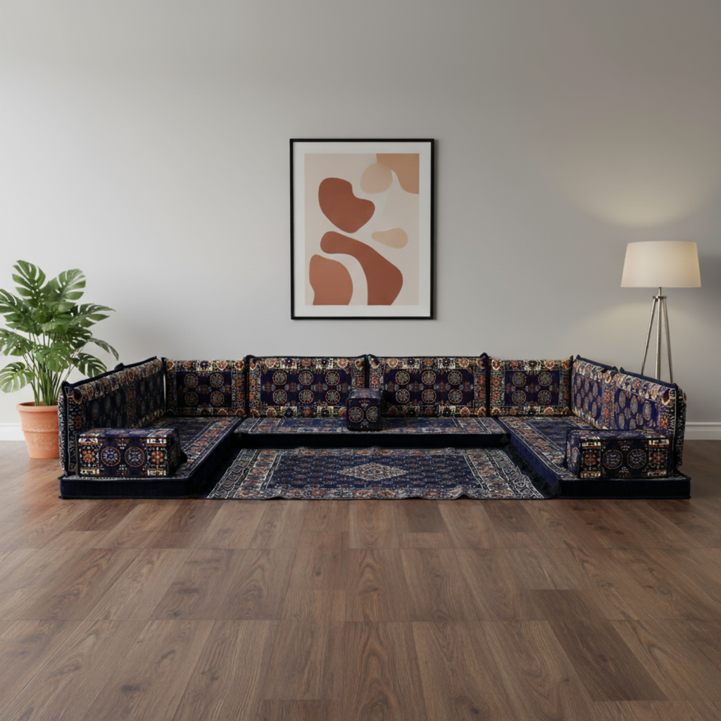 Arabic Floor Sofa Set – Navy U Shaped Majlis Sectional with 4 Inch Cushions
