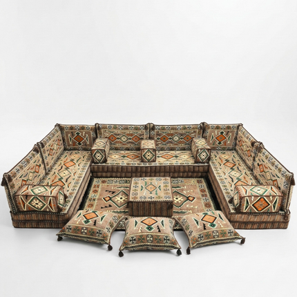 Arabic Floor Sofa Set – Light Brown U Shaped Majlis Sectional with 8 Inch Cushions