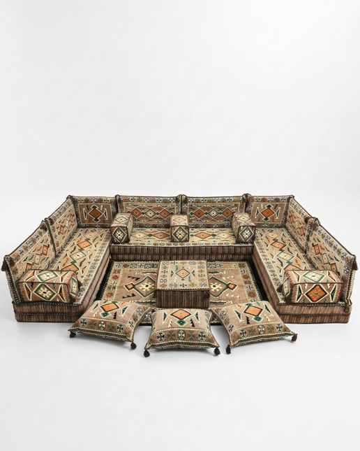 Arabic Floor Sofa Set – Light Brown U Shaped Majlis Sectional with 8 Inch Cushions