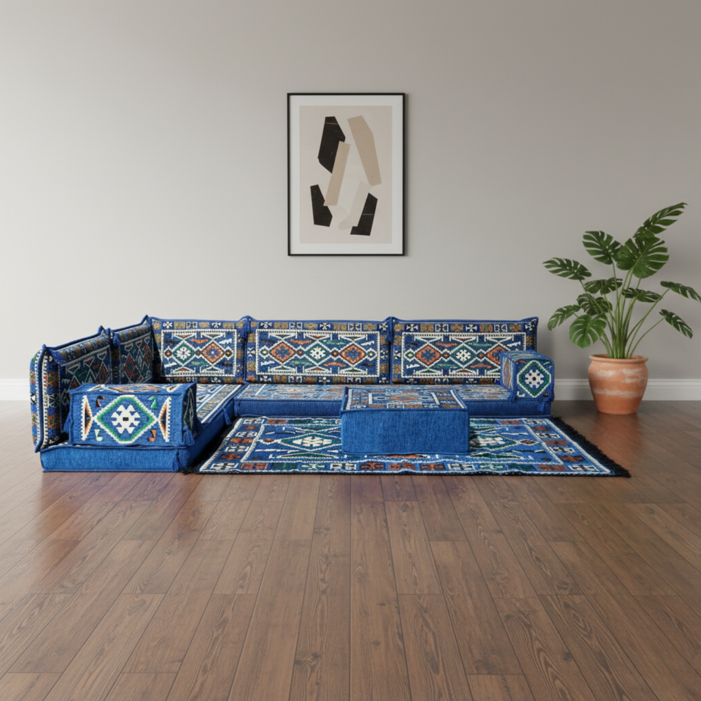 Arabic Floor Sofa Set – Blue L Shaped Majlis Sectional with 4 Inch Cushions