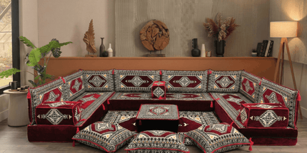 Arabic Floor Sofa Set – Maroon U Shaped Majlis Sectional with 8 Inch Cushions
