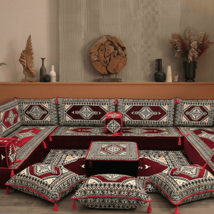 Arabic Floor Sofa Set – Maroon U Shaped Majlis Sectional with 8 Inch Cushions