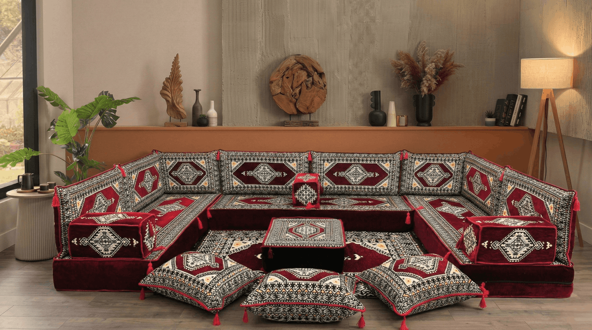 Arabic Floor Sofa Set – Maroon U Shaped Majlis Sectional with 8 Inch Cushions
