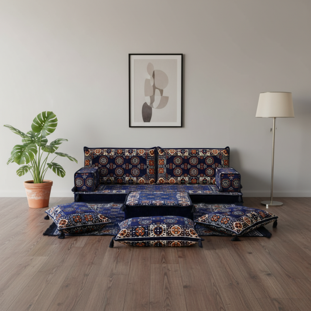 Arabic Loveseat Sofa Set – Navy Loveseat Set with 4 and 8 Inch Cushion Options