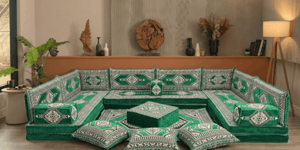 Arabic Floor Sofa Set – Green U Shaped Majlis Sectional with 8 Inch Cushions