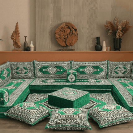 Arabic Floor Sofa Set – Green U Shaped Majlis Sectional with 8 Inch Cushions