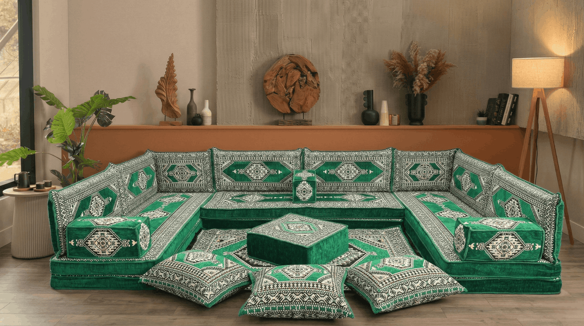 Arabic Floor Sofa Set – Green U Shaped Majlis Sectional with 8 Inch Cushions