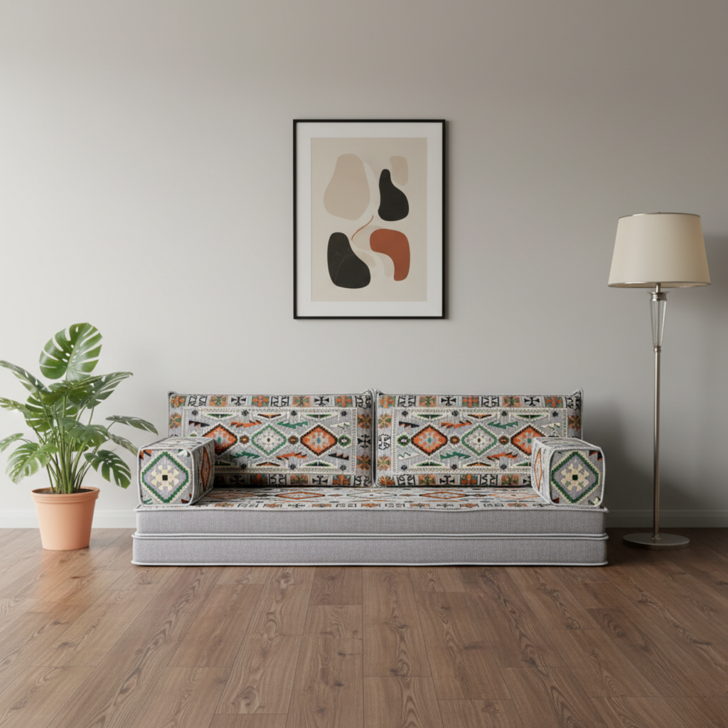 Arabic Loveseat Sofa – Gray Loveseat with 4 and 8 Inch Cushion Options