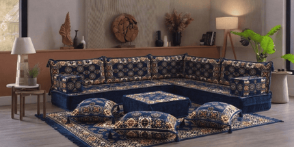 Arabic Floor Sofa Set – Navy L Shaped Majlis Sectional with 8 Inch Cushions