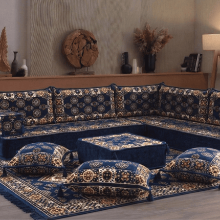 Arabic Floor Sofa Set – Navy L Shaped Majlis Sectional with 8 Inch Cushions