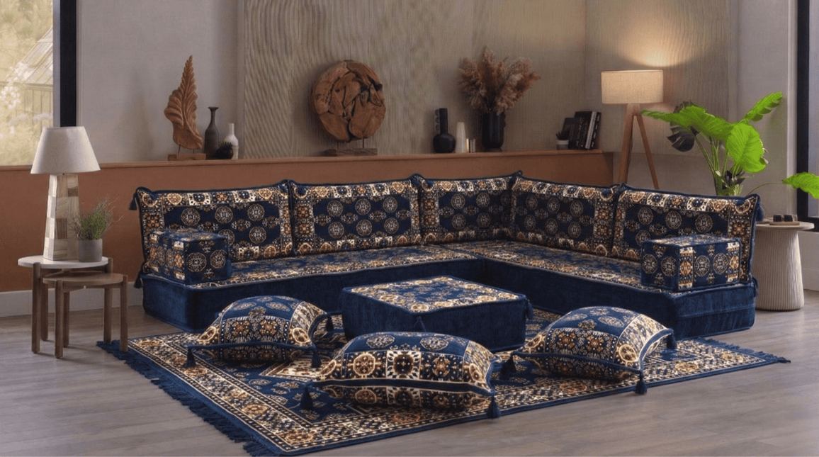 Arabic Floor Sofa Set – Navy L Shaped Majlis Sectional with 8 Inch Cushions