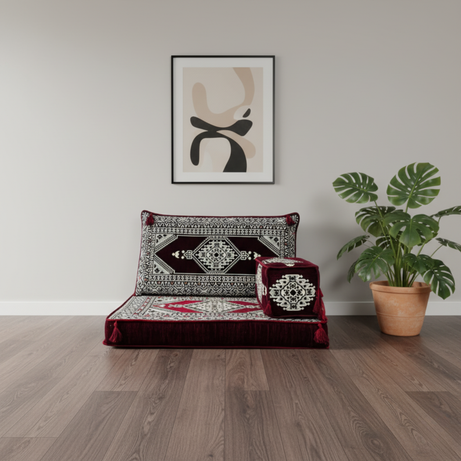 Arabic Half Loveseat Sofa – Maroon Half Loveseat with 4 and 8 Inch Cushion Options