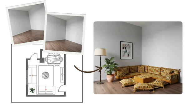 Room sketch with measurements turned into a finished Arabic floor sofa layout